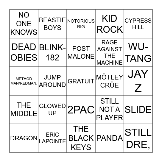 RAP vs ROCK Bingo Card