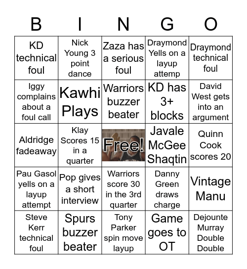 NBA SPURS VS WARRIORS Bingo Card