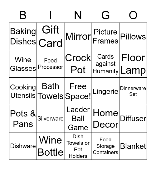 BRIDAL SHOWER  Bingo Card
