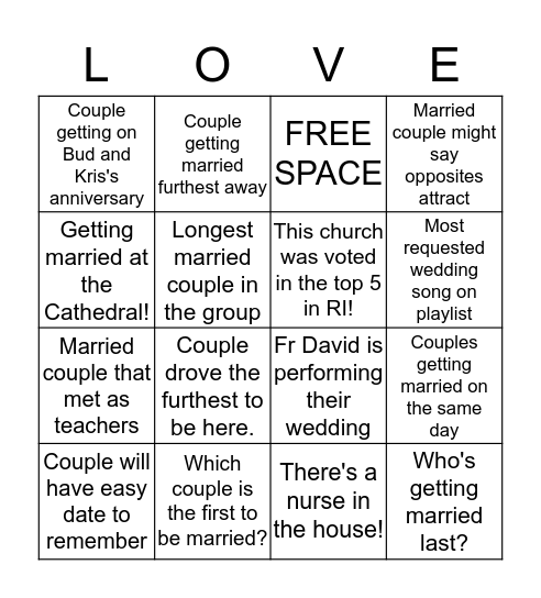 Marriage Prep April 2018 Bingo Card
