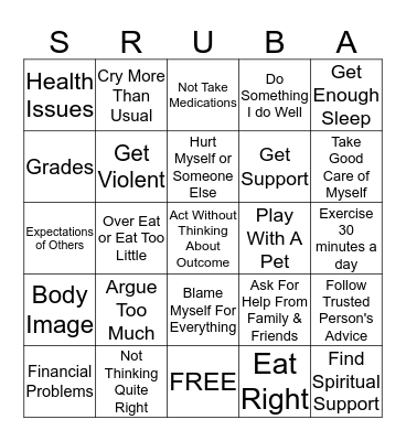 Coping Skills Bingo Card