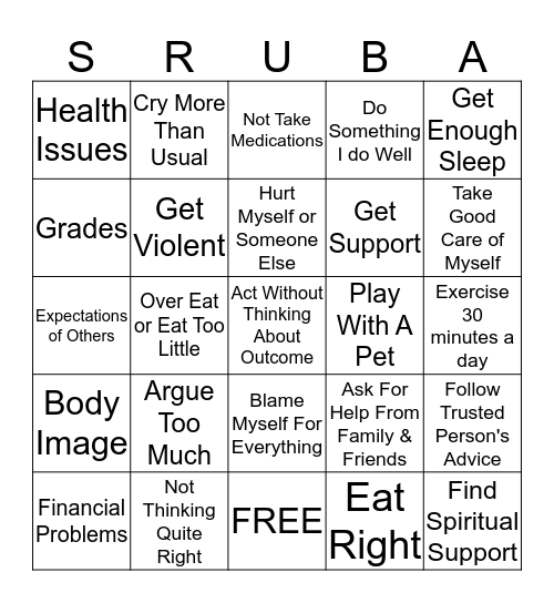 Coping Skills Bingo Card