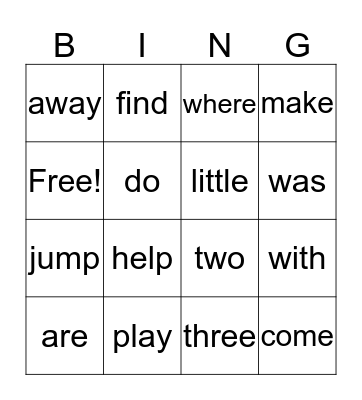 Sight Words Bingo Card