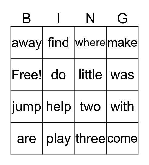 Sight Words Bingo Card