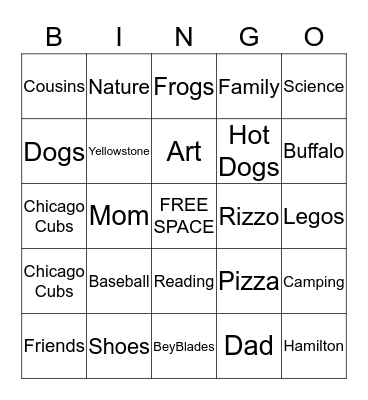 Troy's Favorite Things Bingo Card