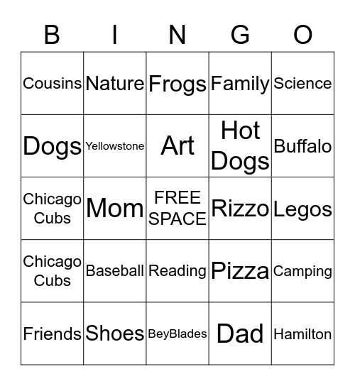 Troy's Favorite Things Bingo Card