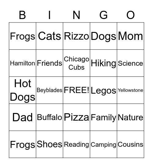 Troy's Favorite Things Bingo Card