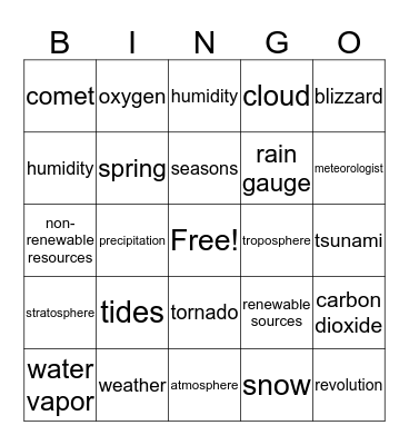 Earth Science Bingo Card