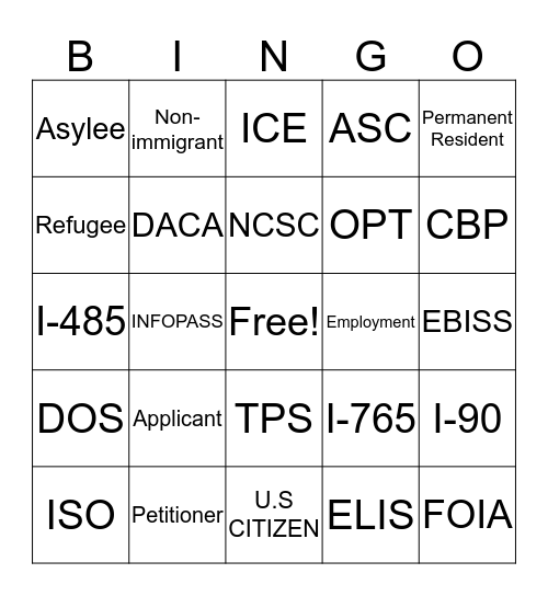 Immigration Bingo Card