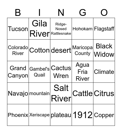 Arizona Bingo Card