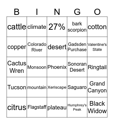 Arizona Bingo Card