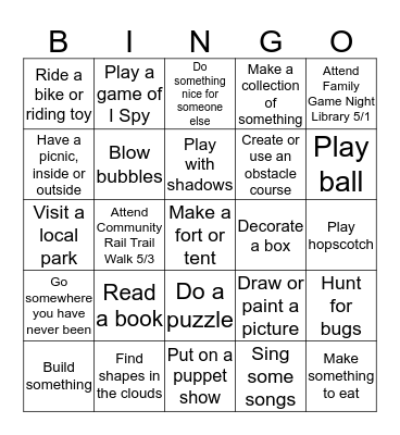 Screen Free Week Bingo Card