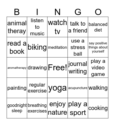 Stress Reduction Bingo Card