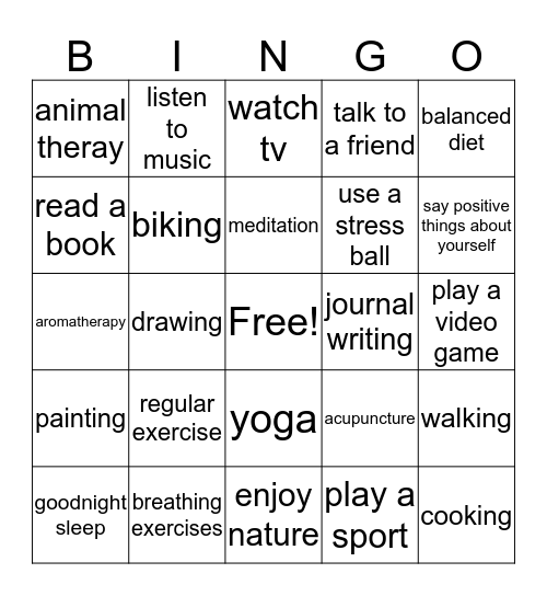 Stress Reduction Bingo Card
