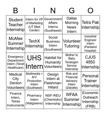 Internship Bingo Card