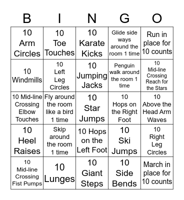 Gross Motor Bingo Card
