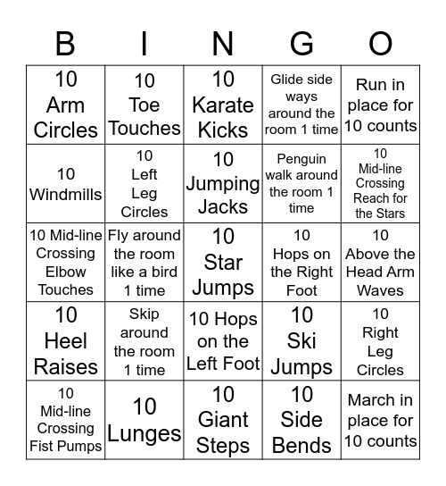 Gross Motor Bingo Card