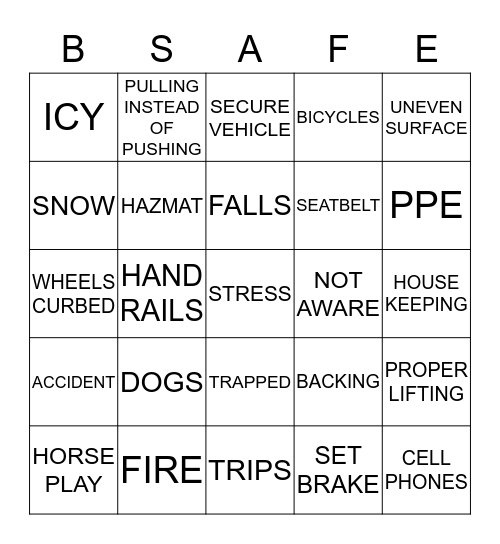 Safety Bingo Card