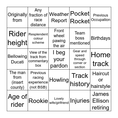 Brands Hatch Indy Bingo Card