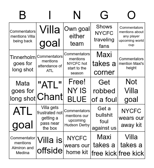NYCFC V ATL Bingo 4/15 Bingo Card