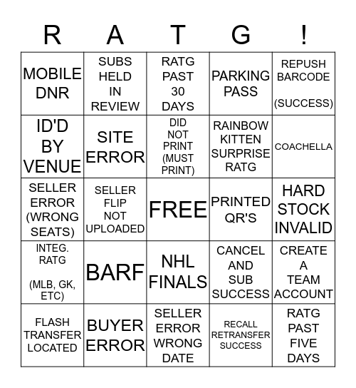 RATG TEAM BINGO! Bingo Card