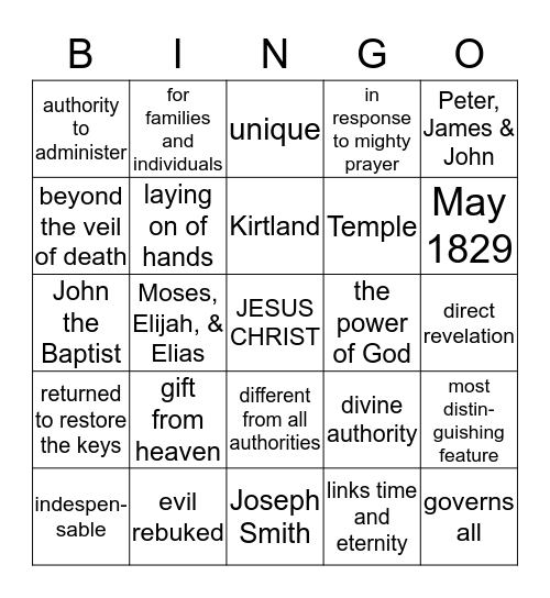 The Holy Priesthood Bingo Card