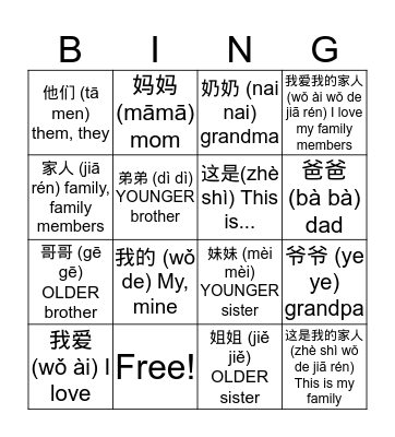 Family Members I Love My Family Bingo Card