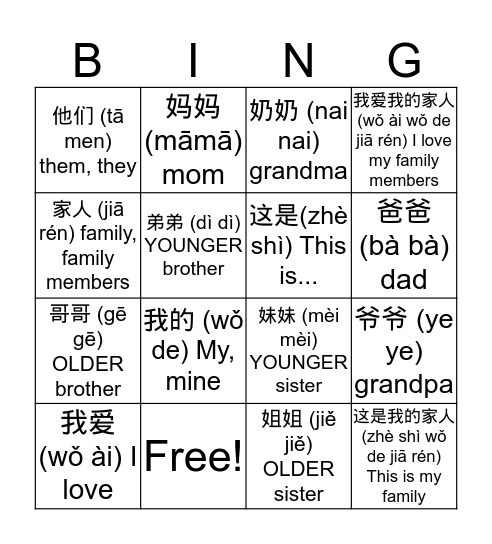 Family Members I Love My Family Bingo Card