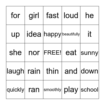Parts of Speech  Bingo Card