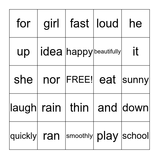 Parts of Speech  Bingo Card
