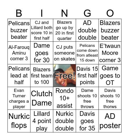 NBA PELICANS VS TRAILBLAZERS  Bingo Card