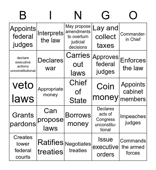 Civics- The Constitution Bingo Card