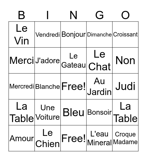 French Bingo!!! Bingo Card
