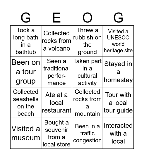 Tourism Bingo Card