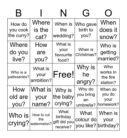 What's the question? Bingo Card