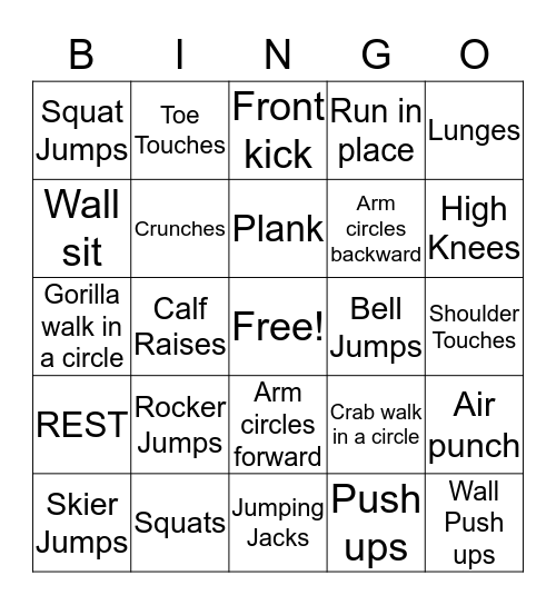 Fitness Bingo Card