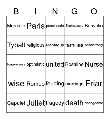 Romeo and Juliet Bingo Card