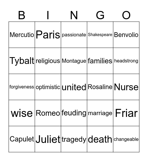 Romeo and Juliet Bingo Card