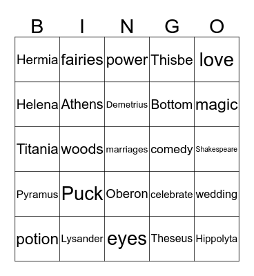 A Midsummer Nights Dream Bingo Card
