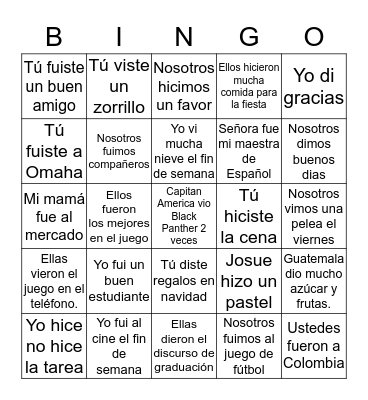Irregular verbs (preterite) Bingo Card