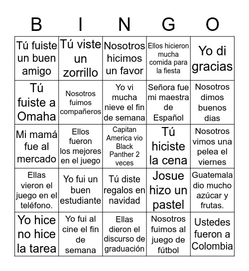 Irregular verbs (preterite) Bingo Card