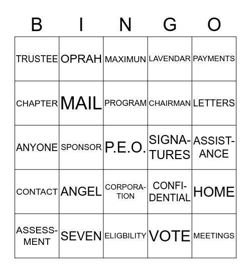 Angel Bingo Card