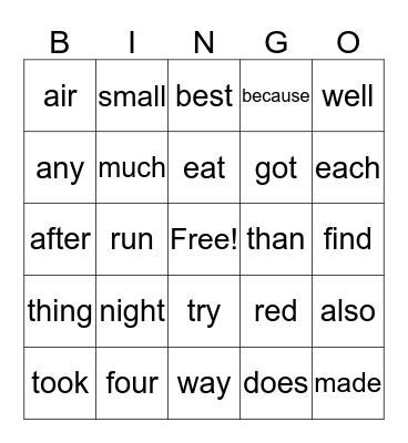 Sight Words 3 Bingo Card