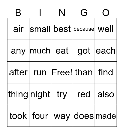 Sight Words 3 Bingo Card