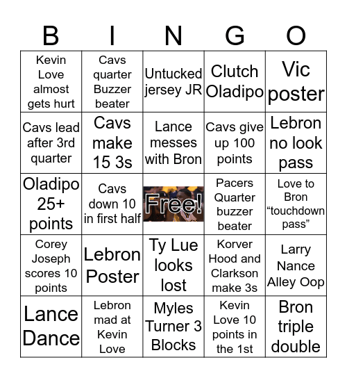 NBA PACERS VS CAVS Bingo Card