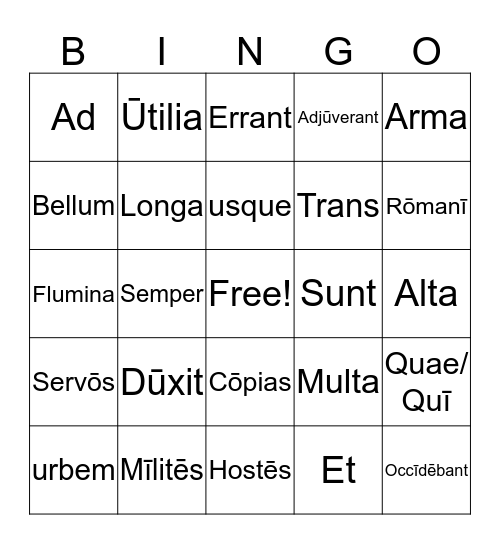 Latin Bingo Card