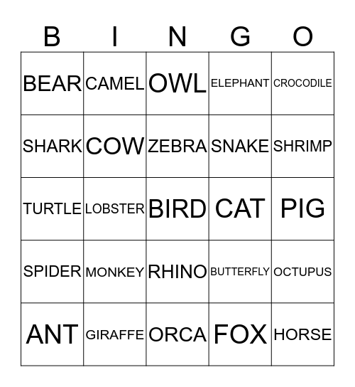 ANIMAL NEW APRIL 2018 Bingo Card