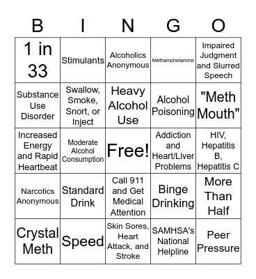 Alcohol & Methamphetamine Facts Bingo Card
