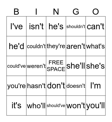 Contraction Bingo Card