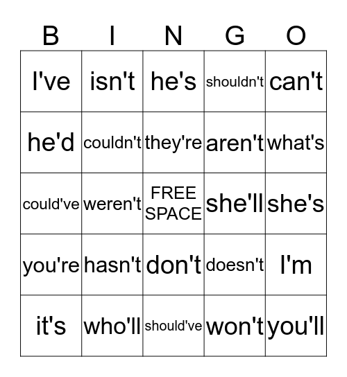 Contraction Bingo Card